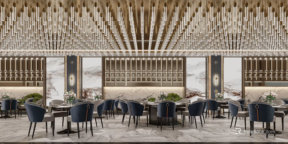 Elegant Banquet Hall Interior Design With Crystal Chandeliers Round Tables And Blue Chairs 3d model 