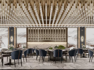 Elegant Banquet Hall Interior Design With Crystal Chandeliers Round Tables And Blue Chairs 3d model