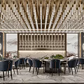 Elegant Banquet Hall Interior Design With Crystal Chandeliers Round Tables And Blue Chairs