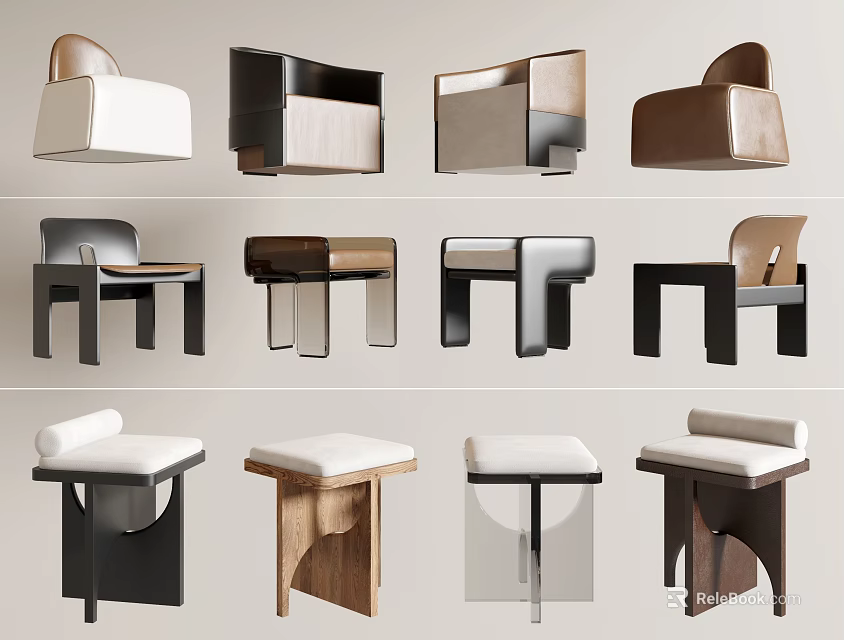 Modern Minimalist Stools With Various Designs Leather Seats Wooden Legs And Home Decor 3d model 