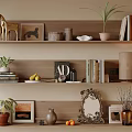 Decorative Ornament Arrangement On Wooden Shelves With Horse Figurine Photo Frames Potted Plants And Books