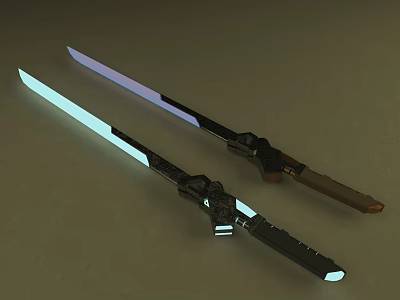 Futuristic Illuminated Swords With Brown And Black Handles And Glowing Blades 3d model