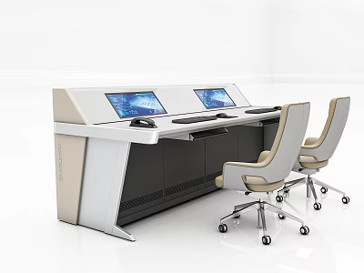 Professional Public Facility Control Console With Dual Displays Cabinets And Wheeled Ergonomic Chairs 3d model