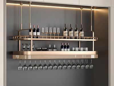 Modern Multi Tiered Wall Mounted Gold Metal Wine Rack With Wine Bottles And Glassware 3d model