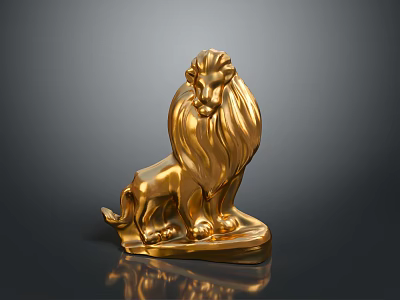 Polished Sitting Golden Lion Statue Featuring Detailed Mane And Sturdy Metallic Base 3d model