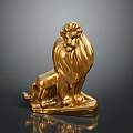 Polished Sitting Golden Lion Statue Featuring Detailed Mane And Sturdy Metallic Base