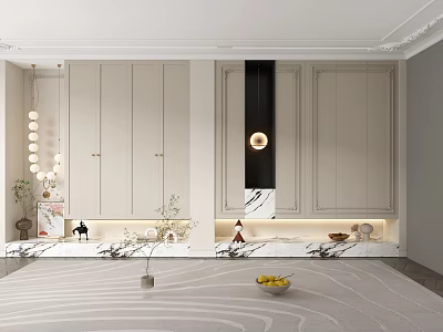 Modern Entryway Cabinet And Side Cabinet Design With Marble Countertop Brass Handles And Lighting 3d model