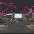 Modern Bar Interior With Pink Neon Lights Large Screen And Seating 3d model
