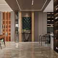 Modern Living Dining Room Interior Design With Marble Floor Ceiling Lights And Glass Partitions
