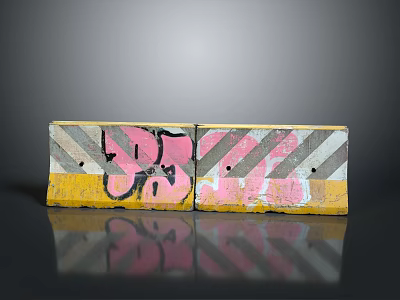 Yellow Construction Barriers With Pink Graffiti And Gray White Stripes On Black Reflective Surface 3d model