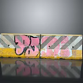 Yellow Construction Barriers With Pink Graffiti And Gray White Stripes On Black Reflective Surface