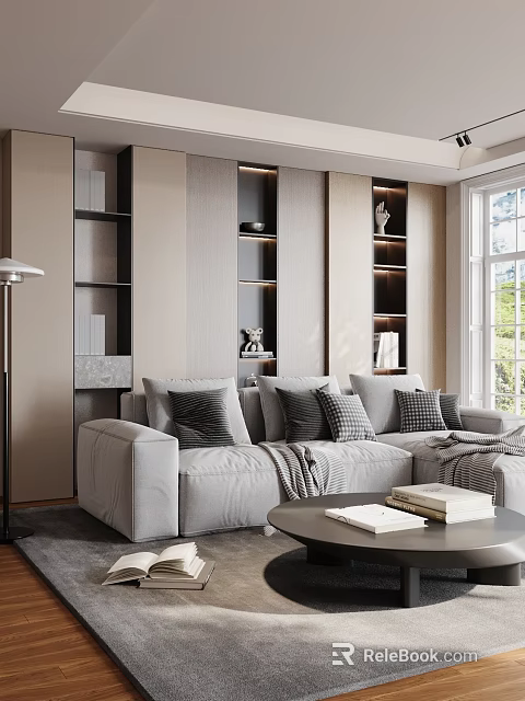 Modern Living Room With Gray Sofa Cushions Round Coffee Table Books Built-In Shelves And Lighting 3d model 
