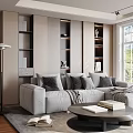 Modern Living Room With Gray Sofa Cushions Round Coffee Table Books Built-In Shelves And Lighting