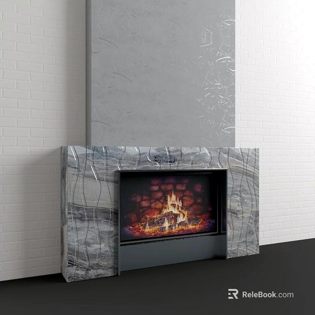 Modern Marble Fireplace Featuring Flames in White Brick Wall Interior Design 3d model