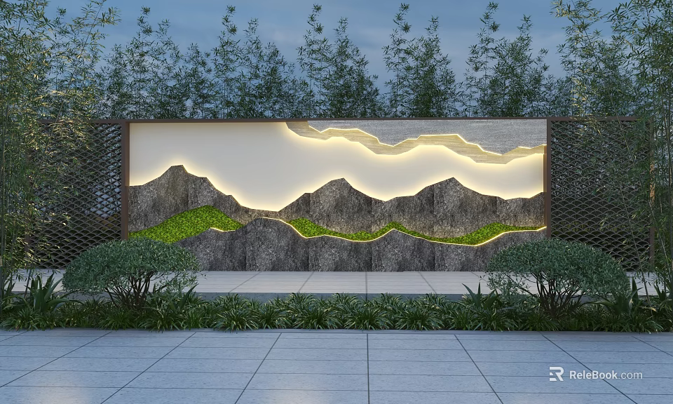 Outdoor Landscape Wall Design With Illuminated Mountain Patterns And Green Plants 3d model 