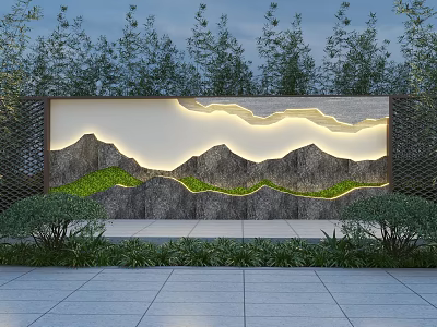 Outdoor Landscape Wall Design With Illuminated Mountain Patterns And Green Plants 3d model