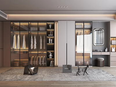 Modern Glass Door Wardrobe Interior With Built-in Lighting Clothing Storage And Mirror 3d model