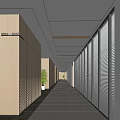 Modern Office Corridor With Wooden Walls Glass Partitions Blinds Lighting And Green Plant
