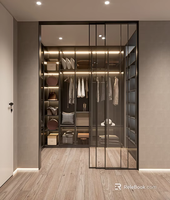 Modern Closet Interior With Glass Doors Hanging Clothes And Storage Shelves 3d model 
