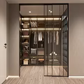 Modern Closet Interior With Glass Doors Hanging Clothes And Storage Shelves