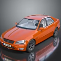 Orange Sedan Car Display With Black Wheels And White Seats On Reflective Floor
