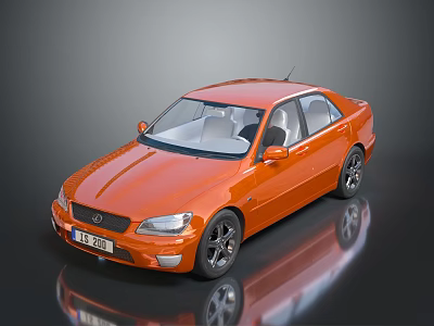Orange Sedan Car Display With Black Wheels And White Seats On Reflective Floor 3d model
