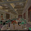Luxurious Restaurant With Ornate Ceiling Chandeliers Green Chairs Round Tables Tablecloths Tableware Vases And Candles