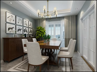 Elegant Dining Room Featuring Wooden Table White Chairs Chandelier Green Plant And Wall Paintings 3d model
