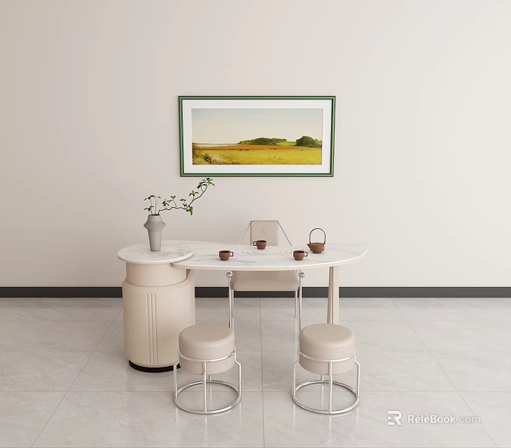 Modern Tea Table and Chairs with White Round Top Beige Stools Green Framed Landscape Painting 3d model 