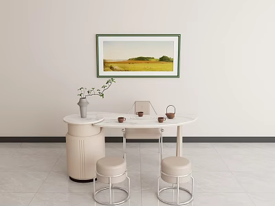 Modern Tea Table and Chairs with White Round Top Beige Stools Green Framed Landscape Painting 3d model