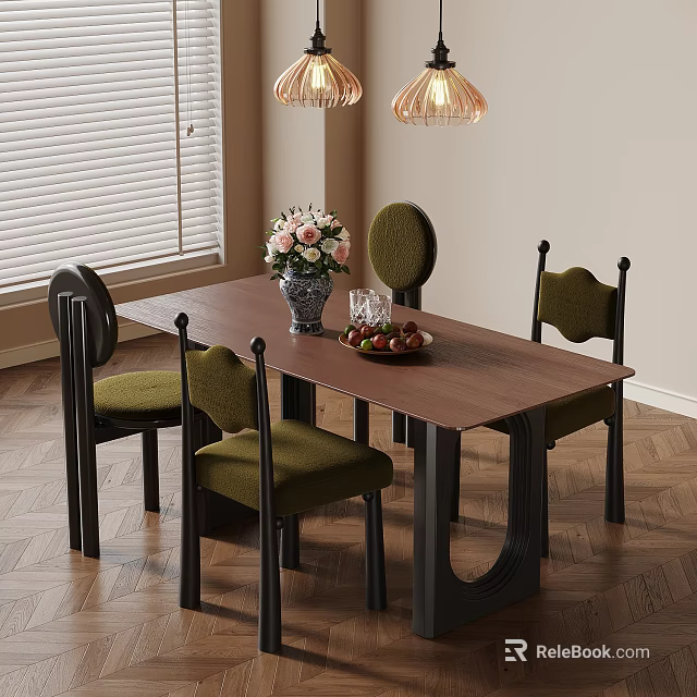 Elegant Dining Room Interior With Wooden Table Green Chairs Flower Vase And Pendant Lights 3d model 