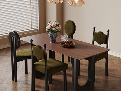 Elegant Dining Room Interior With Wooden Table Green Chairs Flower Vase And Pendant Lights 3d model