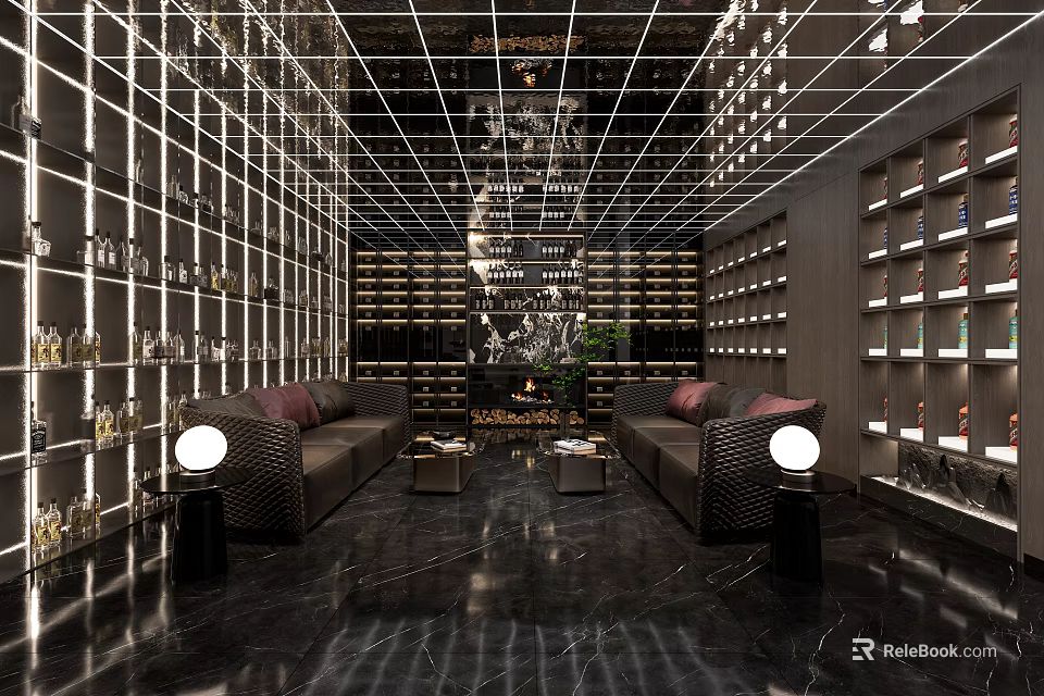 Modern Wine Cellar Interior With Wooden Wine Racks Displayed Bottles And Ambient Lighting 3d model 