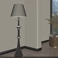 Stylish Floor Lamp With Wooden Plant Stand And Green Plant By Window With Mountain View