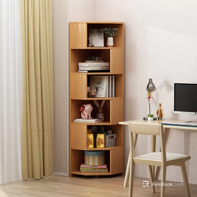Wooden Storage Shelf In Home Office With Books Decorative Items And Desk Chair 3d model 