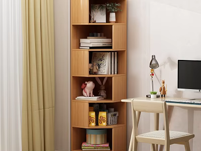 Wooden Storage Shelf In Home Office With Books Decorative Items And Desk Chair 3d model