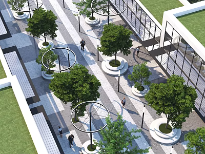 Modern Outdoor Pergola With Circular Structure Trees Pedestrians And Glass Buildings In Urban Area 3d model