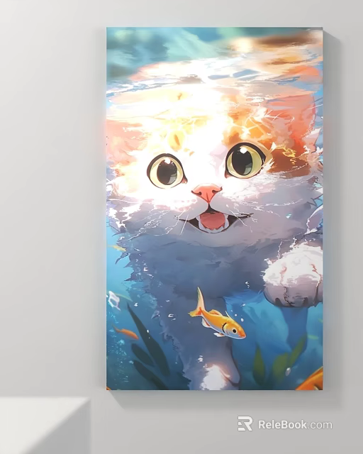 Happy Orange White Cat Painting with Big Eyes Open Mouth Blue Background Goldfish Aquatic Plants 3d model 