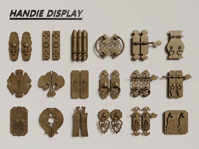 Decorative Vintage Brass Handles Display With Various Designs And Intricate Patterns 3d model