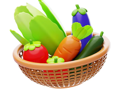 Fresh Assorted Vegetables in Wicker Basket with Green Lettuce Red Tomato and Orange Carrot 3d model