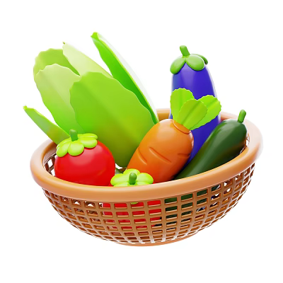 Fresh Assorted Vegetables in Wicker Basket with Green Lettuce Red Tomato and Orange Carrot 3d model