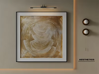 Abstract Golden Beige Spiral Oil Painting In Black Frame On Beige Wall With Wall Lamps 3d model