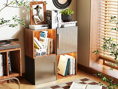 Wooden and Metal Storage Shelf Unit with Books Plants and Decorations 3d model