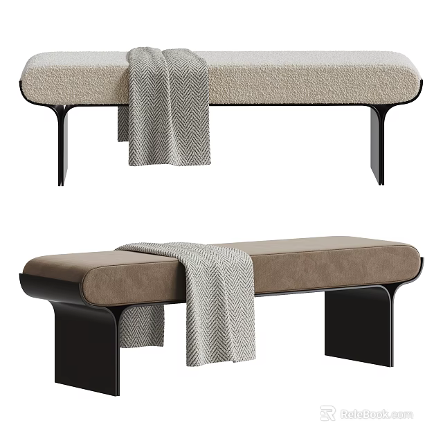 Modern Beige and Brown Upholstered Sofa Bench with Black Metal Legs and Knitted Throw Blanket 3d model 