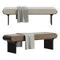 Modern Beige and Brown Upholstered Sofa Bench with Black Metal Legs and Knitted Throw Blanket