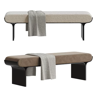 Modern Beige and Brown Upholstered Sofa Bench with Black Metal Legs and Knitted Throw Blanket 3d model