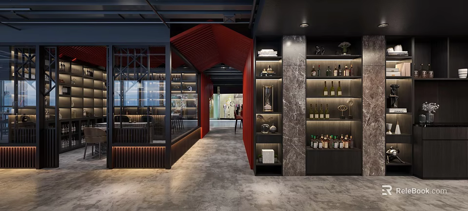 Modern Restaurant Interior Design With Red Decor Open Layout And Wine Racks 3d model