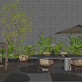 Outdoor Table and Chair Set with Umbrella Lush Plants and Gray Wall