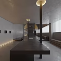 Modern Interior Open Space Featuring Staircase Black Railings Long Bench and Large Windows 3d model