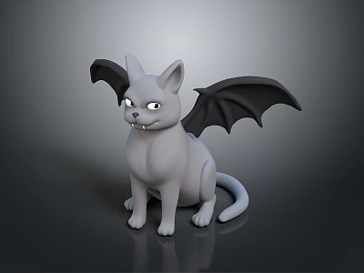 3D Rendered Grey Cat Bat Hybrid With Bat Wings Sharp Teeth Sitting On Dark Background 3d model